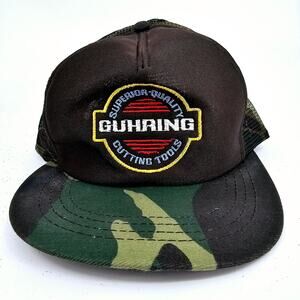 Vintage 80s Guhring Cutting Tools Promo Camo Trucker Snapback Hat Cap Flat Brim